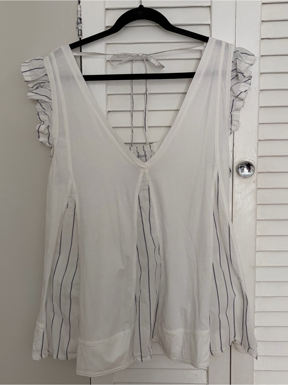 Anthropologie Pilcro Cream V-Neck Ruffle Sleeve Tunic with Pinstripes - Picture 2 of 4